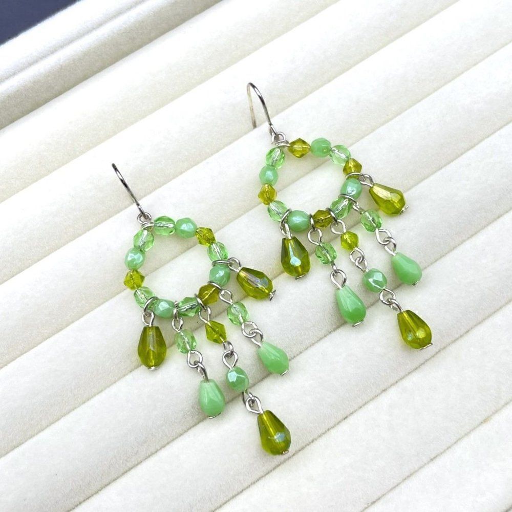 Silver with Emerald and Mint Green Crystal Beaded Dangling Drop Hook Earrings - Picture 5 of 8